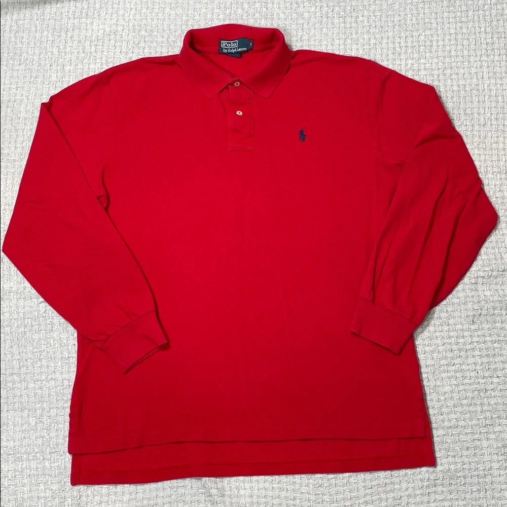 Mens Polo Ralph Lauren Long Sleeve Polo Henley Shirt Red Blue Pony Size Large